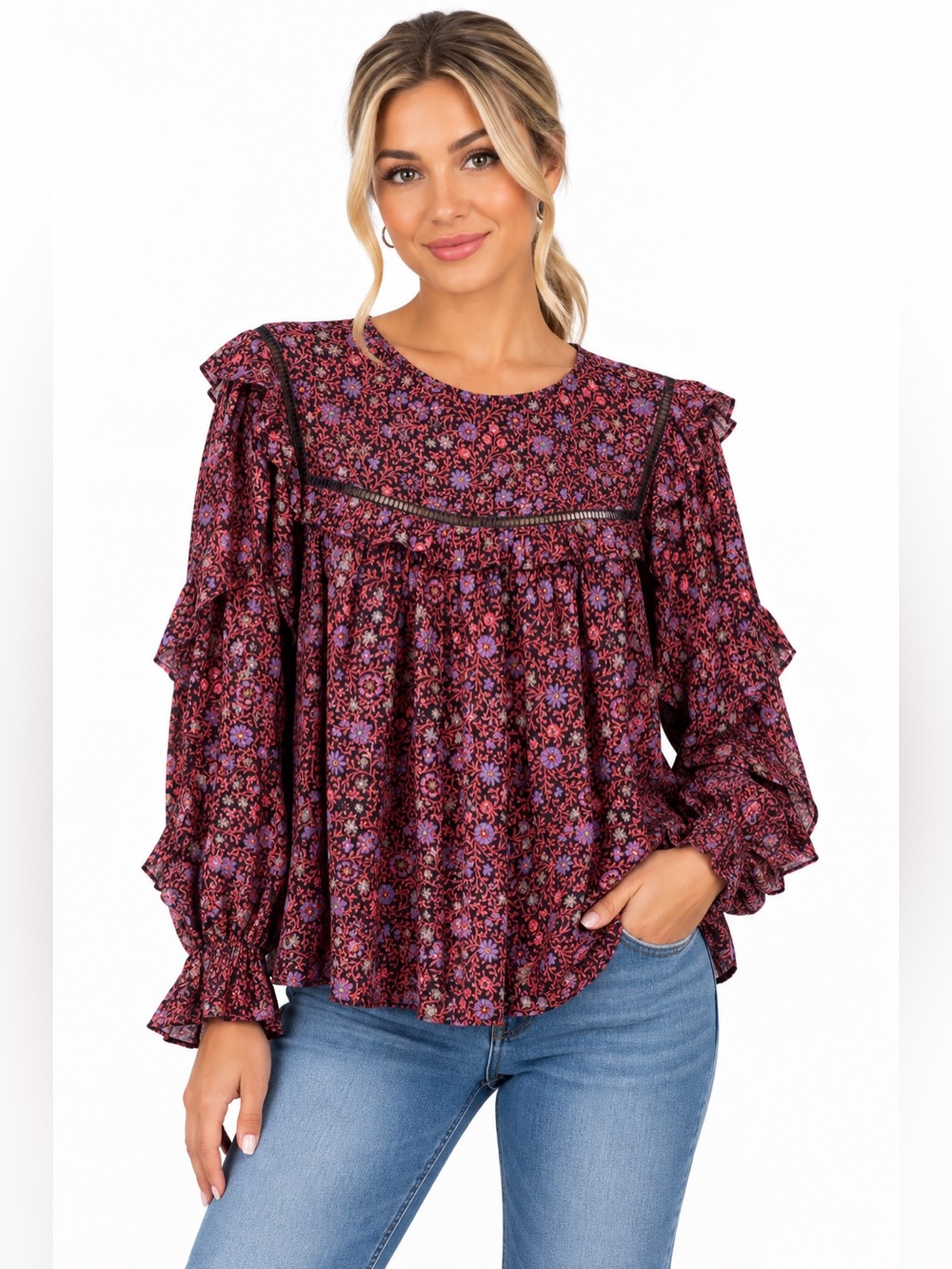 Women's Plum Floral Ruffle Yoke Blouse